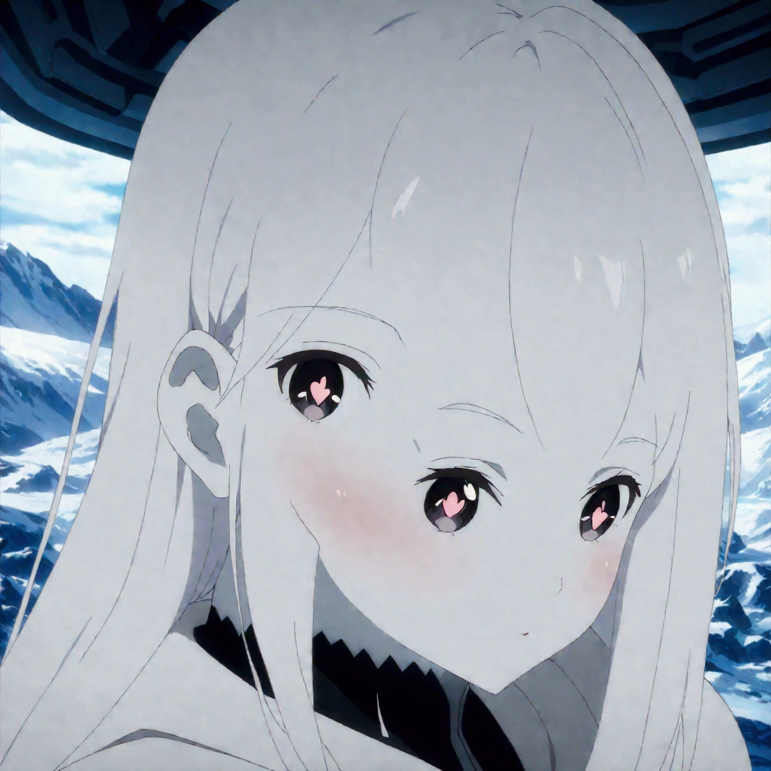 Masterpiece, High quality, High quality of art, best quality, best details, anime lineart, anime artstyle, 2d anime girl, anime girl, solo, 1girl,white hair, white skin, black eyes, white fur Coat, white hearts in eyes, Black futuristic latex and titanium clothing with a coat, in future base in Antarctica