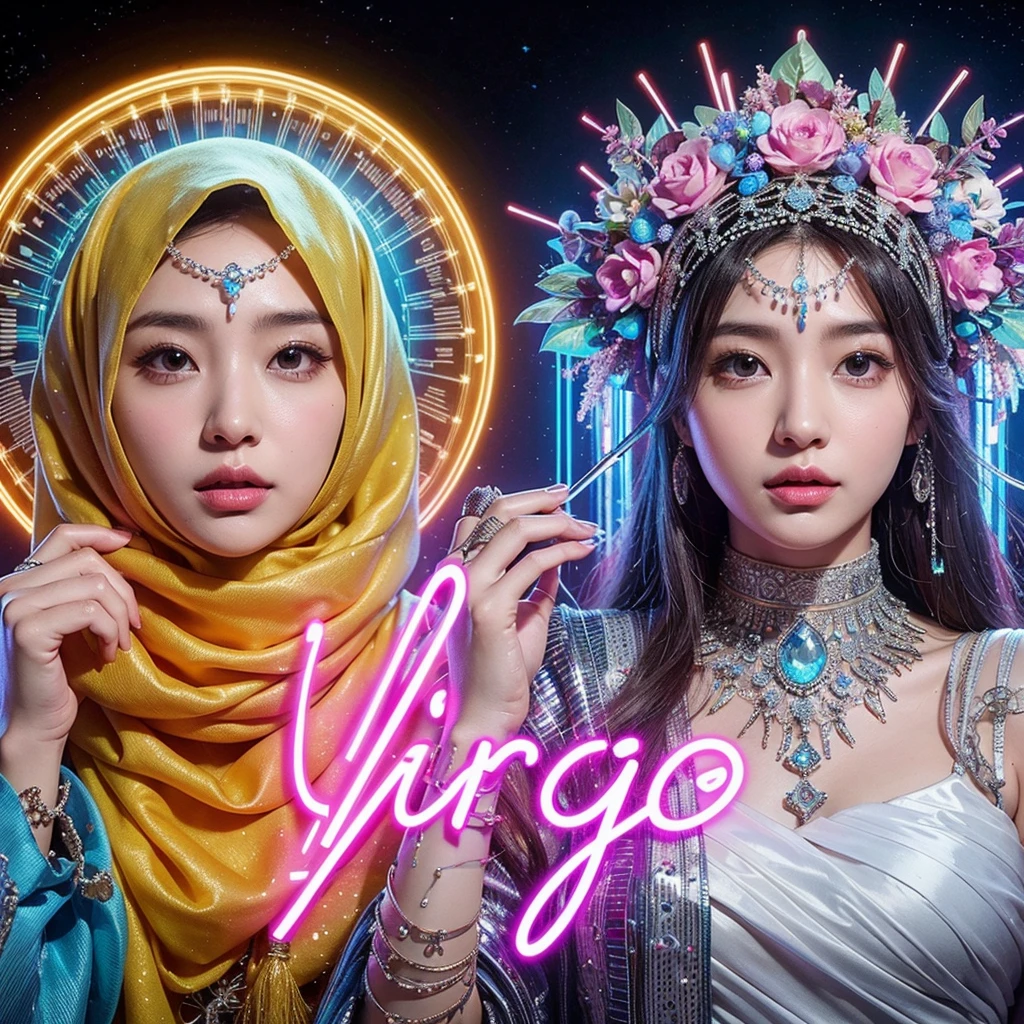 Hyper-realistic art combined traditional art, featuring an korean (slighty cubby woman) in a hijab, and a goddess forming a girl in a cyberpunk fantasy world, with neon "Virgo" writing is clearly, legible and spell correction, highly detailed, colorful, a Full-body shot, high heels, shiny smooth white skin, sparkling jewelry, beautiful, glamorous, walking lights and shadows, cinematic-smooth lighting, dark virtual background.
