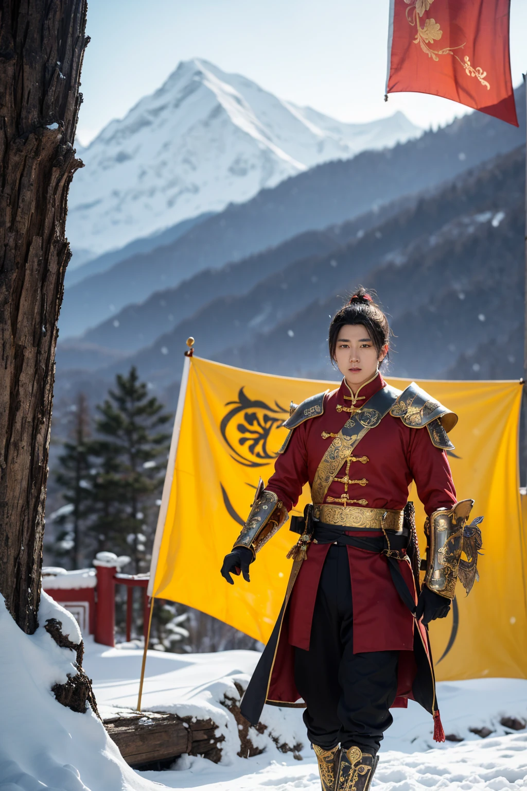1 boy, Male focus, Solitary, boots, Gloves, fingerless Gloves, sunglasses, Black Hair, belt,, Long hair, Pants,Golden Qing Dynasty Eight Banners Armor,Chinese armor ,Golden Qing Dynasty Eight Banners Armor,Chinese armor ,Golden Qing Dynasty Eight Banners Armor,Chinese armor ,Golden Qing Dynasty Eight Banners Armor,Chinese armor ,Golden Qing Dynasty Eight Banners Armor,Chinese armor ,Golden Qing Dynasty Eight Banners Armor,Chinese armor,Between the mountains,snow capped mountains,Snow-covered pine forest,Between the mountains,snow capped mountains,Snow-covered pine forest,Between the mountains,snow capped mountains,Snow-covered pine forest