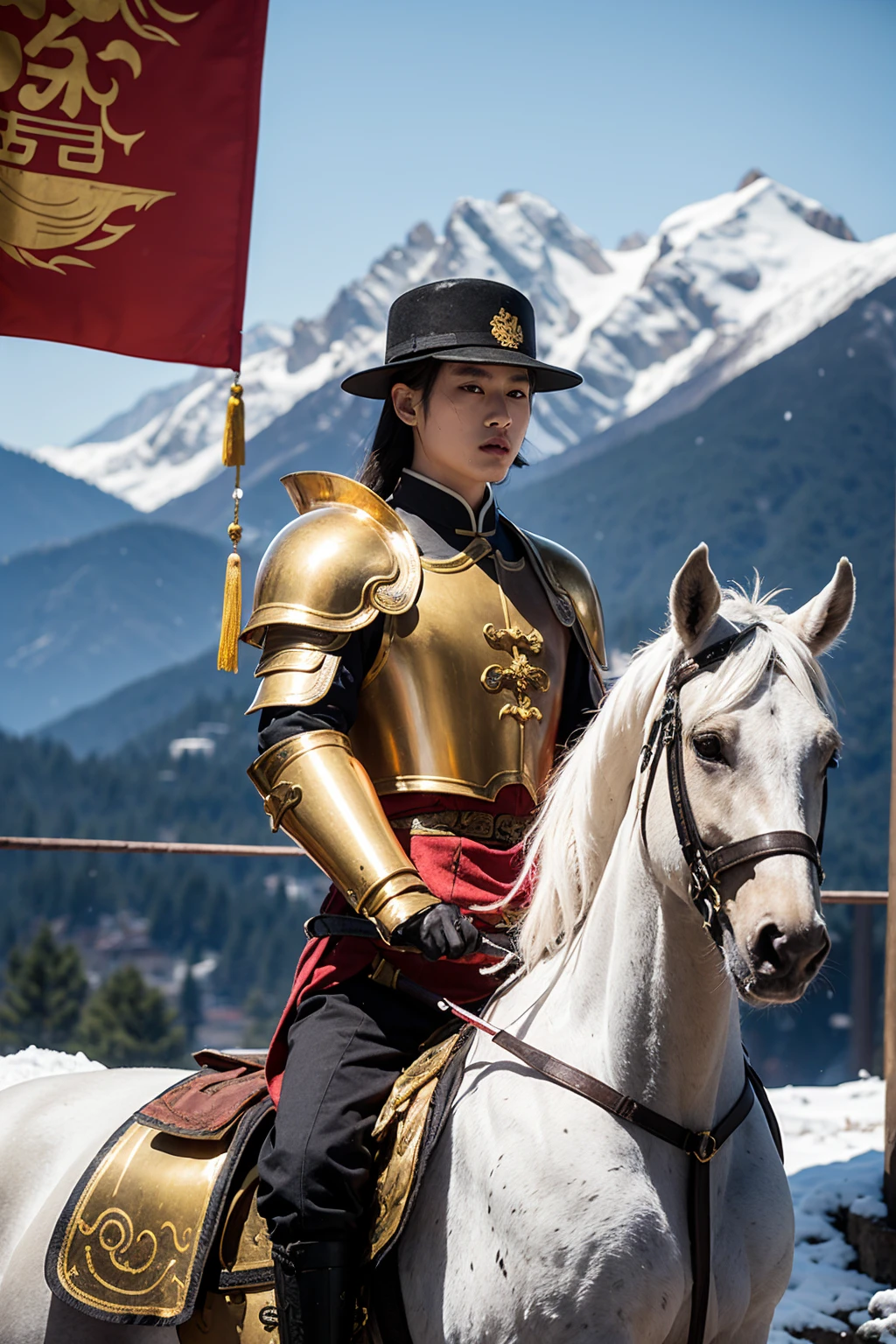 1 boy, Male focus, Solitary,  boots, Gloves, fingerless Gloves, sunglasses, Black Hair, belt,, Long hair, Pants，Golden Qing Dynasty Eight Banners Armor，Chinese armor ，Golden Qing Dynasty Eight Banners Armor，Chinese armor ，Golden Qing Dynasty Eight Banners Armor，Chinese armor ，Golden Qing Dynasty Eight Banners Armor，Chinese armor ，Golden Qing Dynasty Eight Banners Armor，Chinese armor ，Golden Qing Dynasty Eight Banners Armor，Chinese armor，Between the mountains，snow capped mountains，Snow-covered pine forest，Between the mountains，snow capped mountains，Snow-covered pine forest，Between the mountains，snow capped mountains，Snow-covered pine forest
