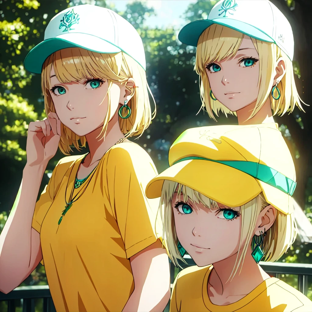 masterpiece, best quality, illustration, 1girl, , aqua eyes, baseball cap, blonde hair, closed mouth, earrings, hat, hoop earrings, jewelry, shirt, short hair, side bangs, simple background, yellow shirt, solo, looking at viewer, , , anime coloring, , A fairytale land where magical creatures live and thrive, , tokyo_ghoul_style