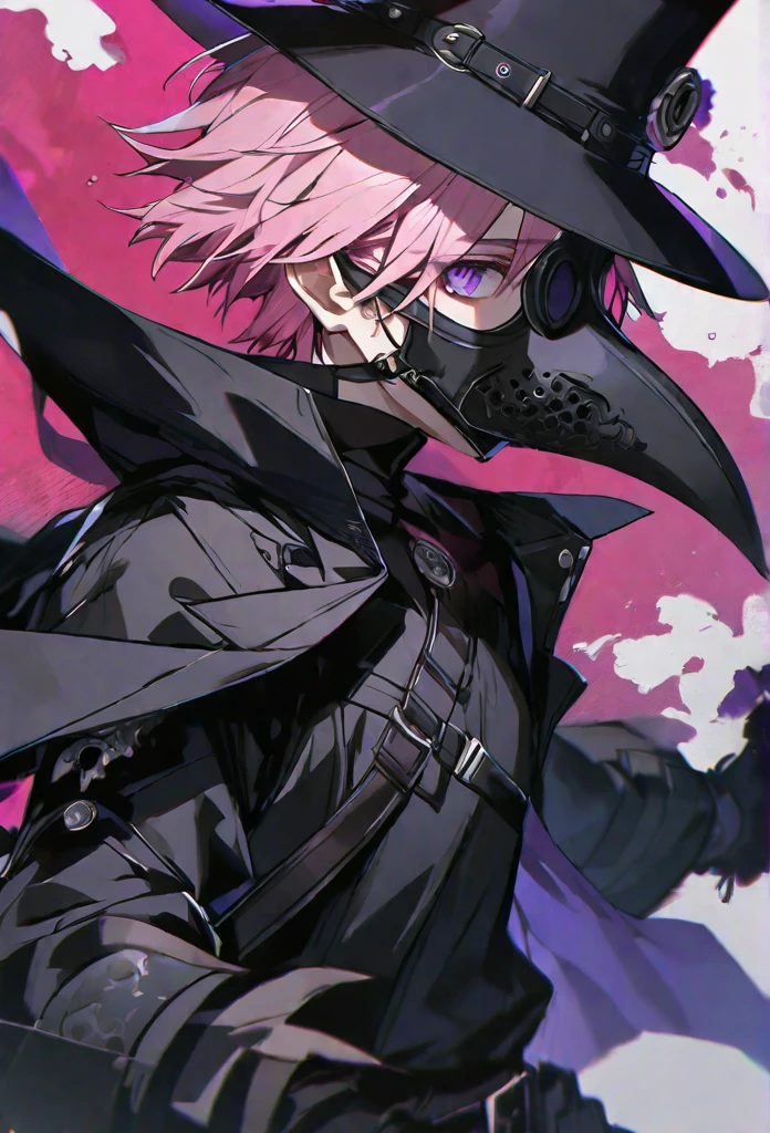 solo, handsome, 1 male, short hair, pink hair, purple eyes, black coat, black plague doctor mask, black gloves, black top hat