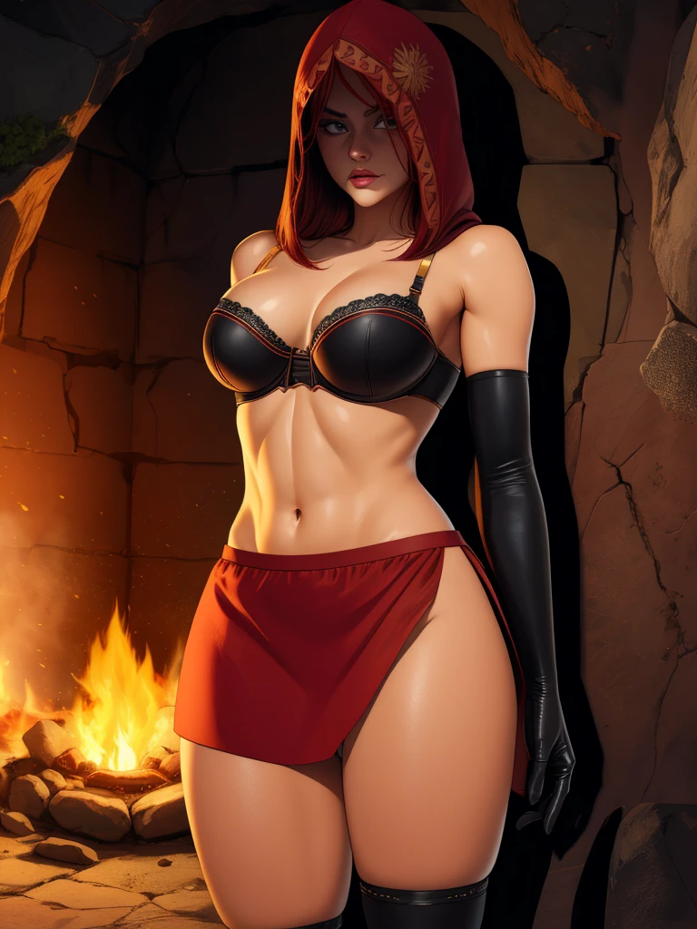 Dsorceress, redhair, shadowy face,dark cave, fire, hood, shadowed face, strapless bra, slim and athletic body, miniskirt, no panty, elbow gloves, dark skin, 1 girl (insanely detailed, masterpiece, best quality)
