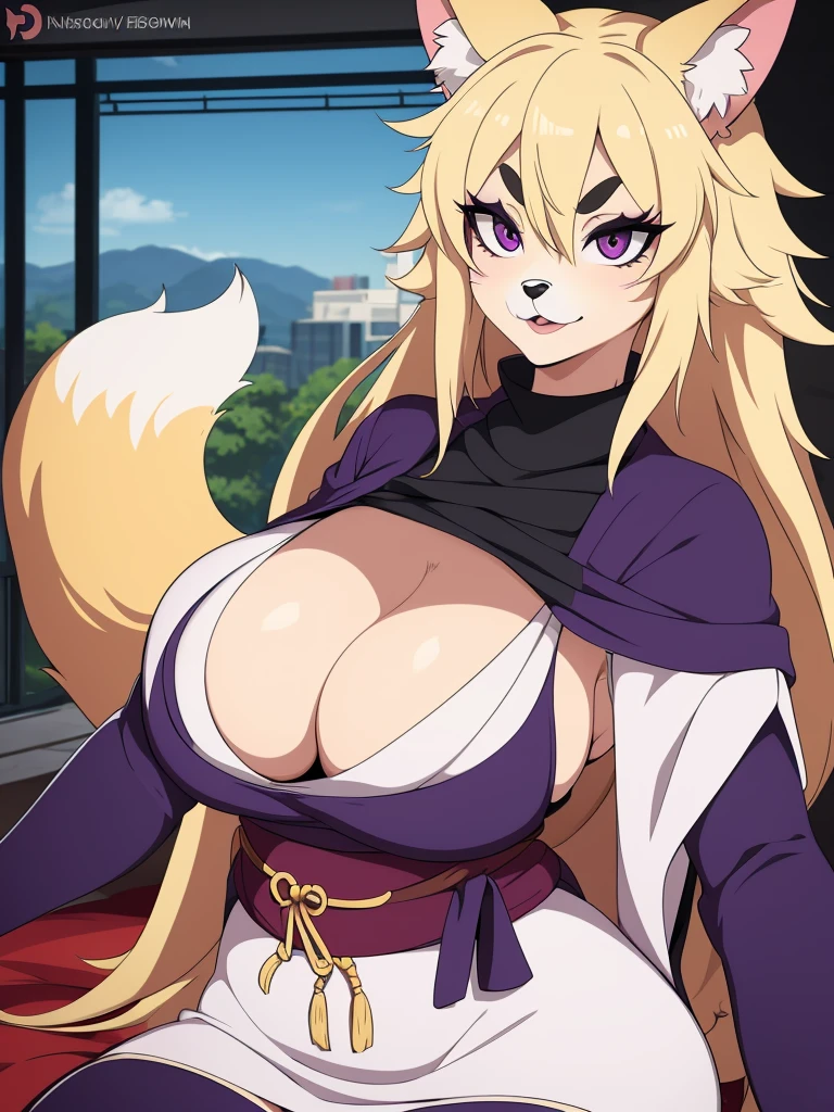 ,fox,anthro,furry,highest quality,highquality,HD,mature female,anime,,grammar,blonde hair,messy hair,purple eye,ninja,large breasts,thick eyebrows