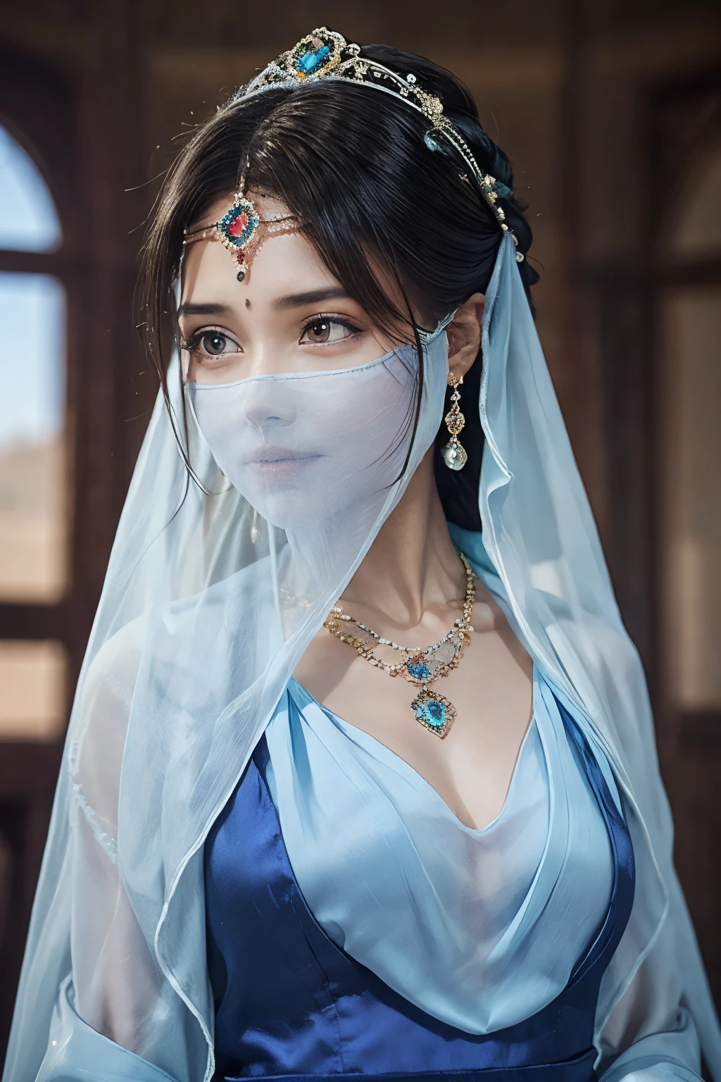 1 Beautiful Woman，Desert Princess，Aladdin，Dark skin（（（The eyes are very delicate）））（（（Hair accessories）））（（（veil：24））））（（（veil））），necklace，Wearing a blue conservative silk dress， ((Royal Palace))（（（masterpiece）））， （（best quality））， （（Intricate details））， （（Surreal））（8K）