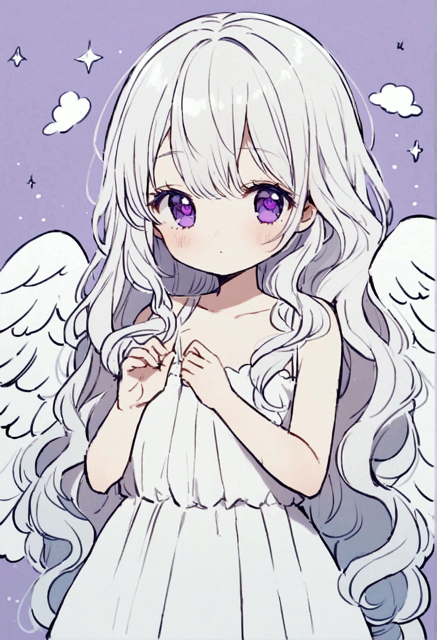 beauty,Long Wavy Hair,White hair is very attractive, Detailed and precise manual work, Attractive girl, Purple eyes and white eyelashes,light in your eyes,Big angel wings,delicate, A fluffy white dress like a cloud, Hand-drawn illustration,Broad background,