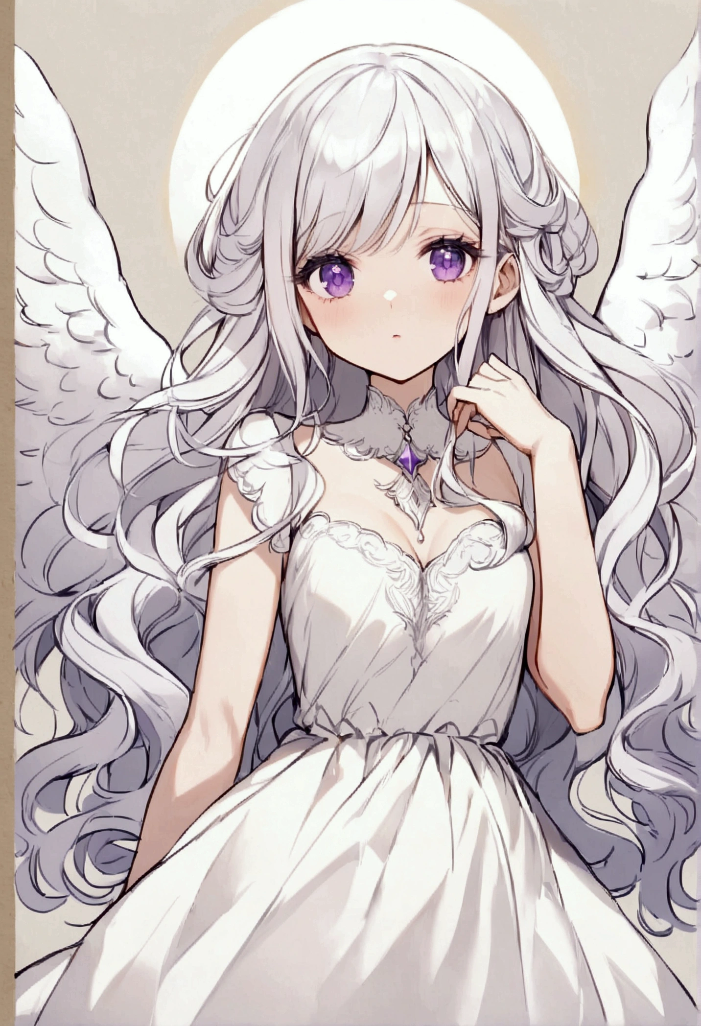beauty,Long Wavy Hair,White hair is very attractive, Detailed and precise manual work, Attractive girl, Purple eyes and white eyelashes,light in your eyes,Big angel wings,delicate, A fluffy white dress like a cloud, Hand-drawn illustration,Broad background,
