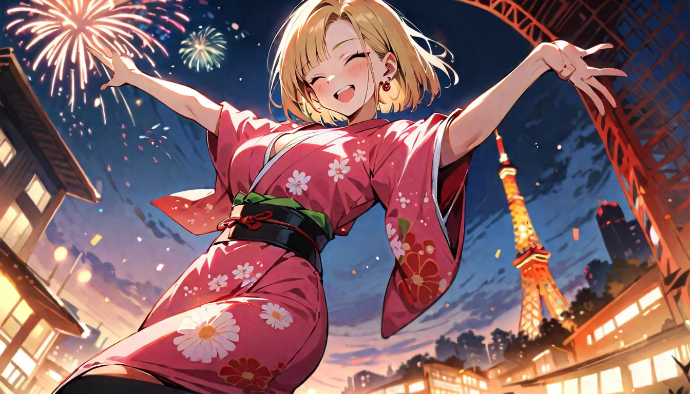 (masterpiece, best quality:1.2),1girl, (solo), Android 18 from Dragon Ball, ((floral print pink kimono)), medium breasts, blunt bangs, blonde short hair, (close eyes), earrings on earlobes, slim, slender feminine figure, skinny body, blush, magnificent view, blur background, 4K, open mouth, smile, Japanese sandals, Tokyo Tower, firework, arms open, cleavage, from below,
