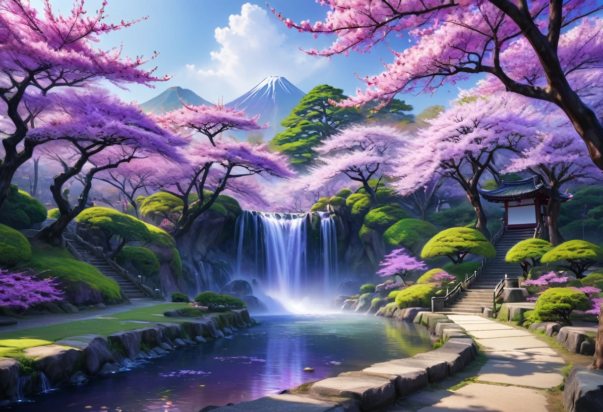 japanese park, mystical artistic, sakura falls, day time, purple lighting, HDR, 4k resolution, (painting realistic : 1.3), (ultra high resolution: 1.0 ), (((best quality, 8 thousand, masterpiece:1.4))