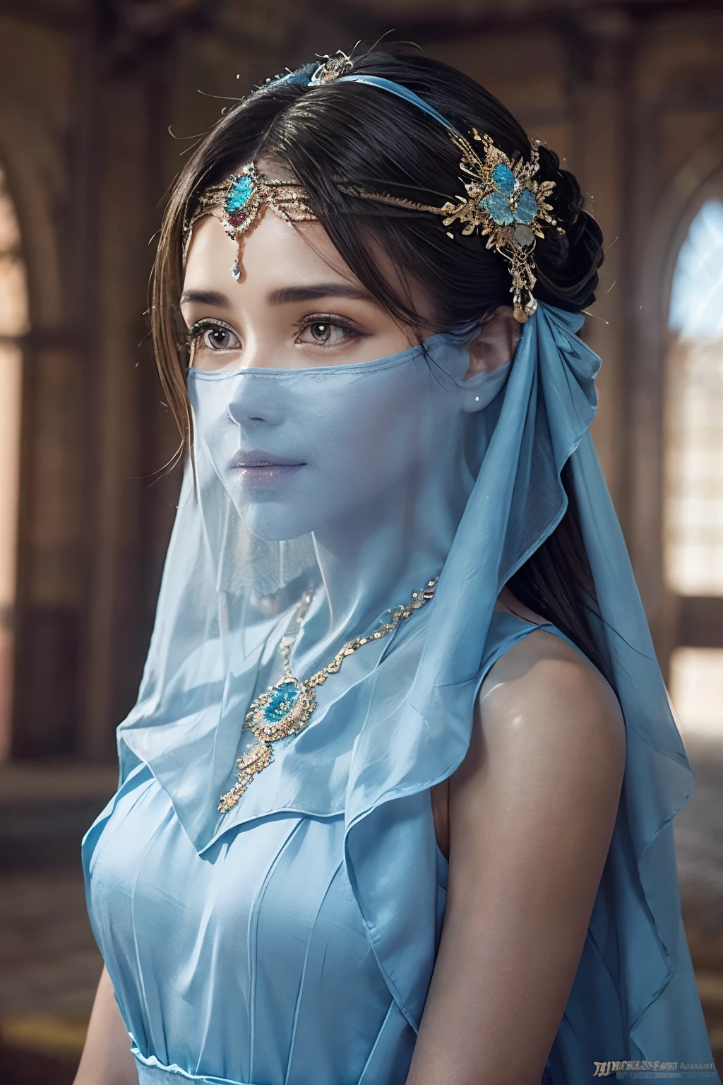 1 Beautiful Woman，Desert Princess，Aladdin，Dark skin（（（The eyes are very delicate）））（（（Hair accessories）））（（（veil：24））））（（（veil））），necklace，Wearing a blue conservative silk dress， ((Royal Palace))（（（masterpiece）））， （（best quality））， （（Intricate details））， （（Surreal））（8K）