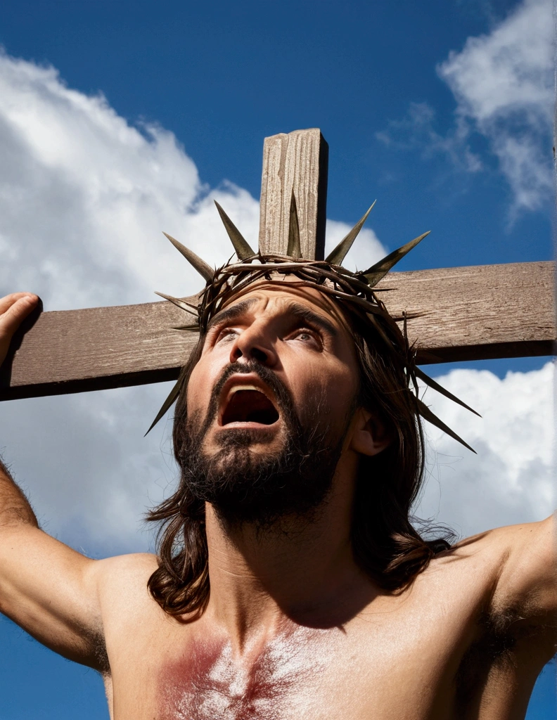 A photorealistic photo capturing Jesus on the cross, with a panoramic view looking straight ahead . ((crown of thorns on the head)). The focus of the image is on the face of Jesus as He looks straight ahead, Gasping for air in the midst of His crucifixion. The scene takes place outdoors, with a clear sky in the background. Lighting should be dramatic, emphasizing the emotional intensity of the moment, with rays of sunshine breaking through the clouds to create a sense of divine presence.