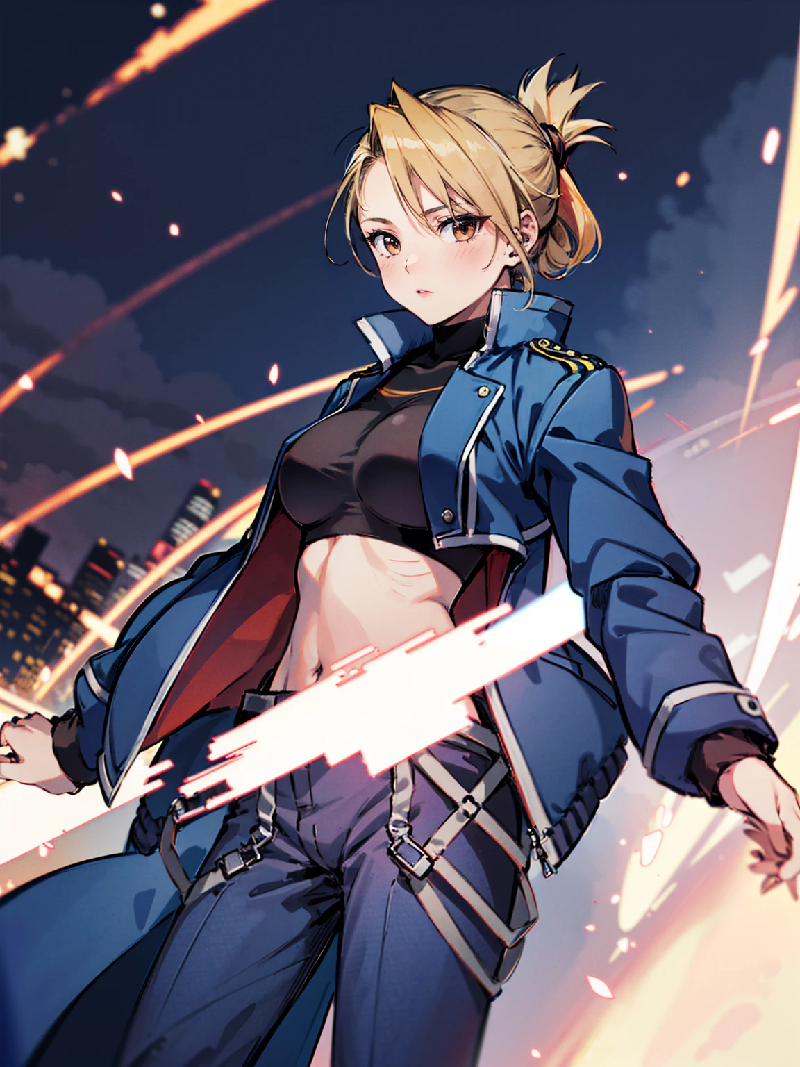 masterpiece, Highest quality, High resolution, Riza Hawkeye, One girl, (Blue jacketの下にBlack innerwearを着ている), Folded ponytail, Brown eyes, , (uniform, Blue jacket, Blue pants), ,Big Breasts, Black innerwear