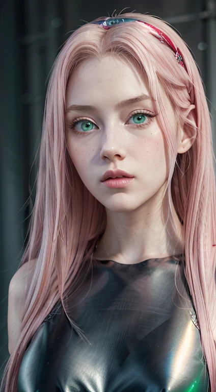 young woman, long pink hair, wide forehead, porcelain skin, pink eyebrows, big emerald green eyes, buttoned nose, thick lips, heart-shaped face, slender body, small breasts, pink leather dress, Sakura Haruno, realistic, realism black details 3d