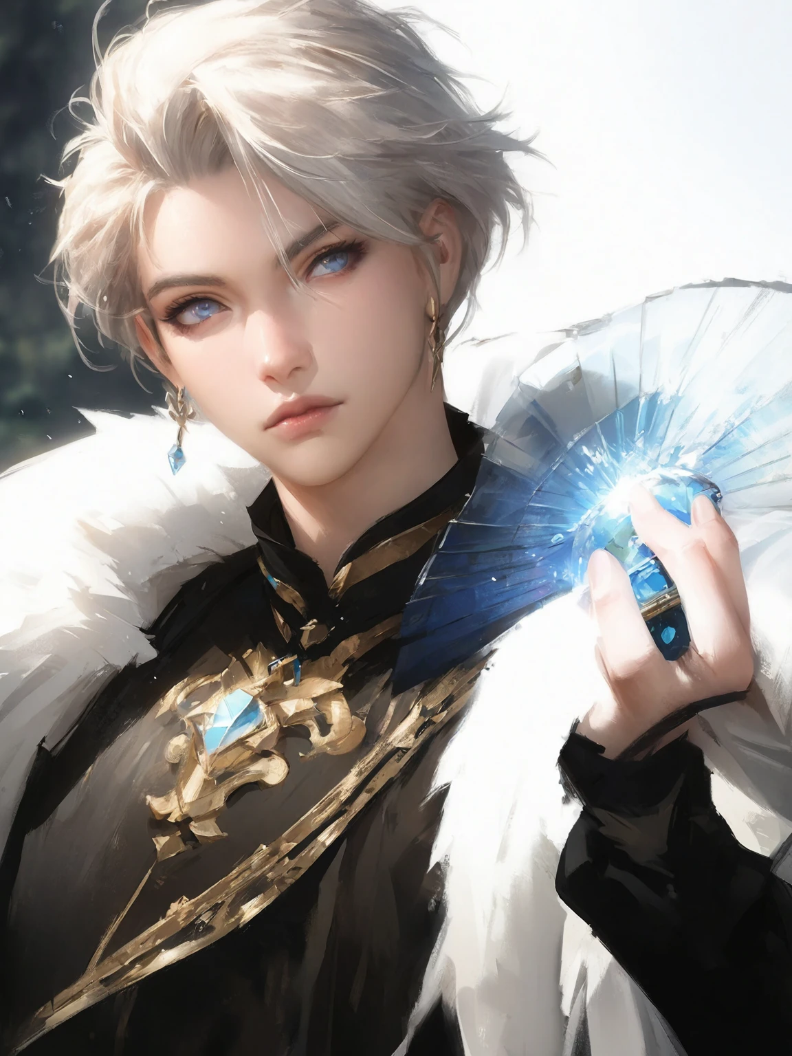 Anime-style image of a man wearing black clothes and holding a blue ball, Beautiful androgynous prince, Gweiz-style artwork, guweiz on pixiv artstation, Guweiz on ArtStation Pixiv, Very detailed fan art, Jan J, A delicate androgynous prince, Fan Art Best Art Station