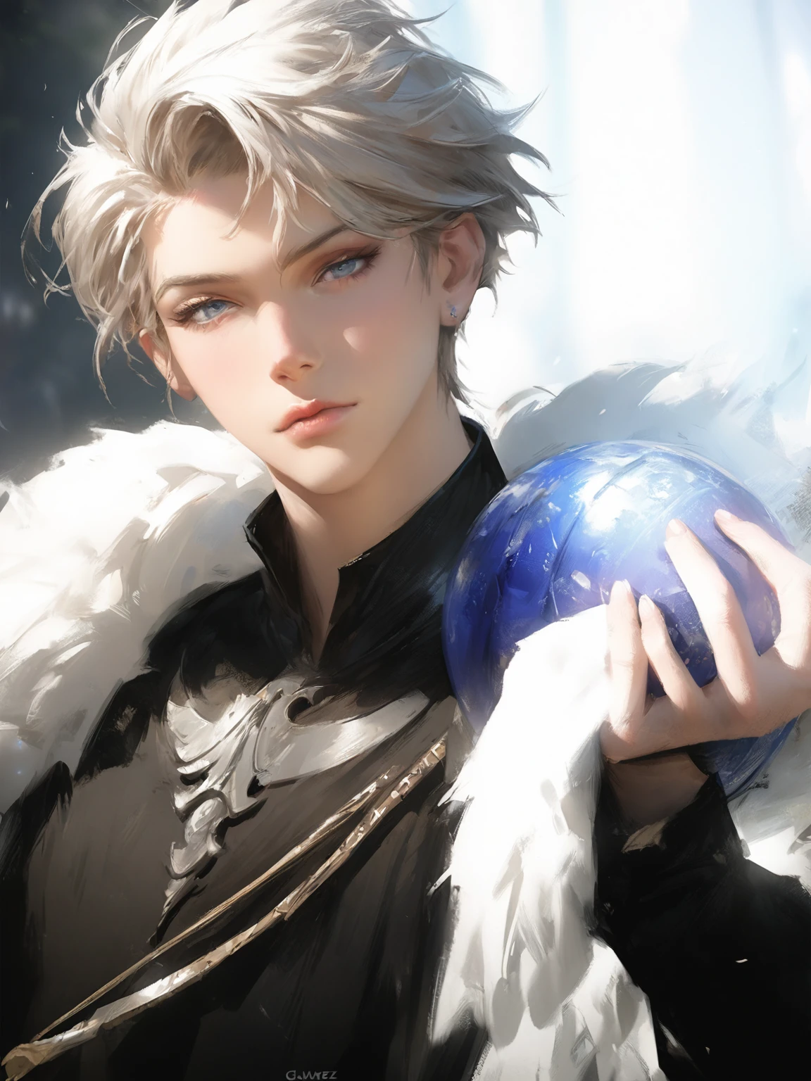 Anime-style image of a man wearing black clothes and holding a blue ball, Beautiful androgynous prince, Gweiz-style artwork, guweiz on pixiv artstation, Guweiz on ArtStation Pixiv, Very detailed fan art, Jan J, A delicate androgynous prince, Fan Art Best Art Station