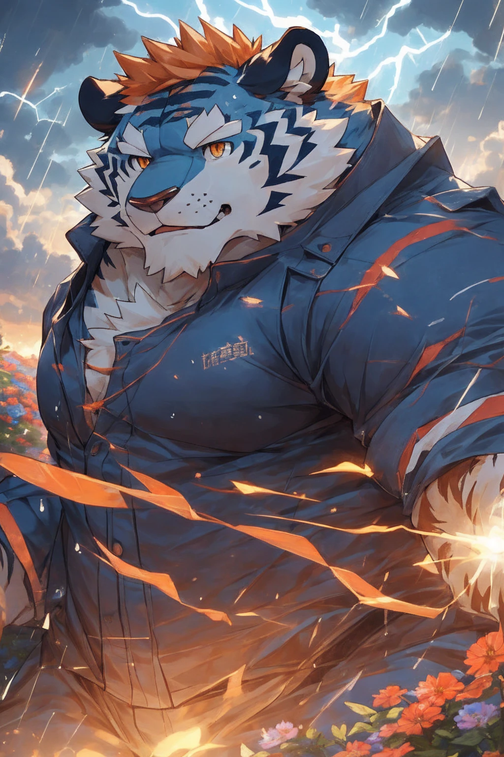 human nature, Wildlife, male,36 years old，Uncle， solitary, ((Round Face, The face is plump,Orange eyes,Thick orange hair，With scars)), ((Endomorph, Handsome，Hot Blood)), （Mecha suit，No electricity，exhaustion), ((domestic tiger, tiger，) Fluffy fur, Fluffy), Bokeh, (high quality, high resolution, masterpiece), (Dynamic Lighting, Vibrant colors), (Revitalize，harm，Disdain), Full body picture (close up), cartoon, author：Takemoto Arashi, From zixiong, By Chunni, author：Empty Ghost，Thunder storm，valley，The raindrops from the sea of flowers drip from my face，Beautiful sea of flowers（background：下雨的花海valley）