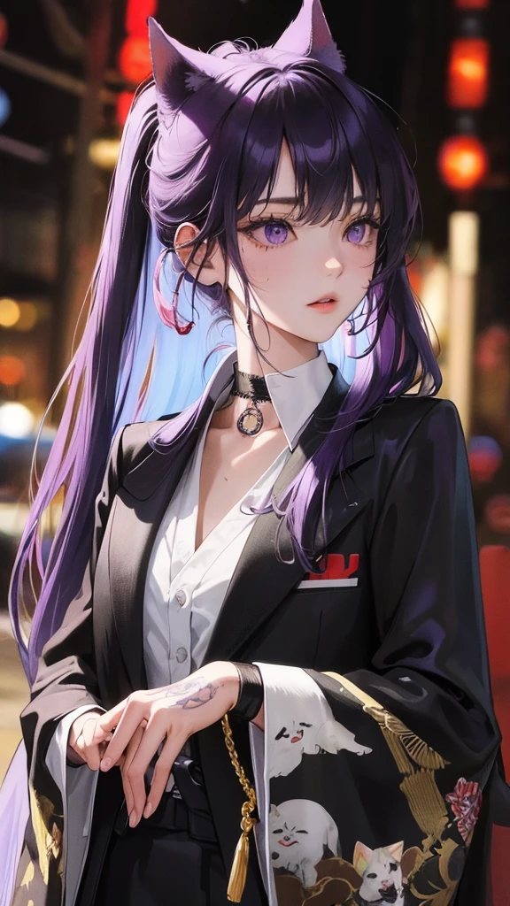 (Top resolution、Distinct_image)top-quality、A girl with white fluffy dog ears、masterpiece、highly detailed、Semi-realistic、purple eyes 、18year old、young、cool clothing、Exquisite facial features、Facial features ,variations, potrait, a bar background, Black hair , long straight hairstyles, wear black suits, Mafia , yakuza, criminals , badass, Japanese tattoos on the arm