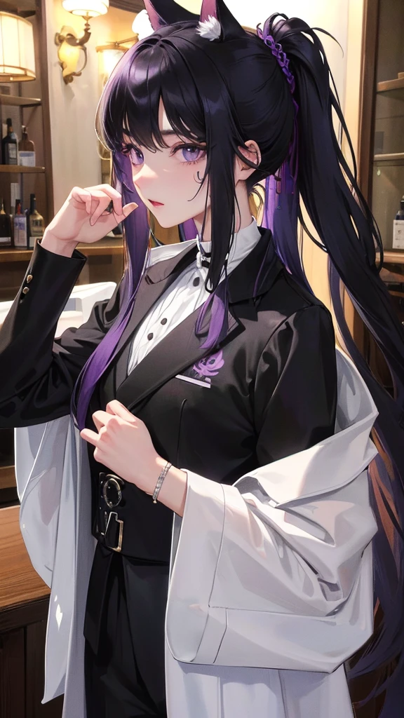 (Top resolution、Distinct_image)top-quality、A girl with white fluffy dog ears、masterpiece、highly detailed、Semi-realistic、purple eyes 、18year old、young、cool clothing、Exquisite facial features、Facial features ,variations, potrait, a bar background, Black hair , long straight hairstyles, wear black suits, Mafia , yakuza, criminals , badass, Japanese tattoos on the arm
