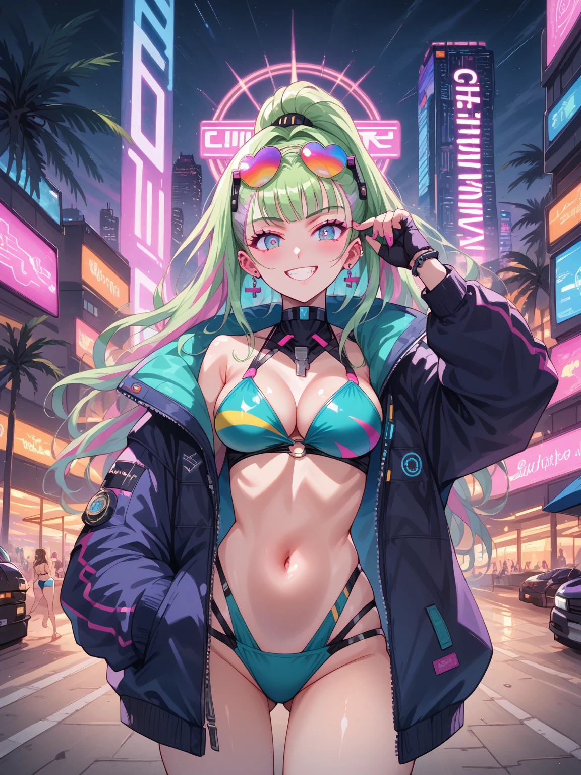score_9, score_8_up, score_7_up, source_anime,masterpiece, best quality, high resolution, extremely detailed CG, absurdres, highres, 1girl, Shot of a futuristic cyberpunk beach scene at night. The subject, wearing a bikini and jacket combo with a glittery swimsuit underneath, strikes a pose close-up, looking directly at the viewer with a cheeky grin. A mecha arm and headgear adorn their body, with neon lights flashing beneath the surface. Sunglasses perch atop their head, reflecting the bright lights of the beach's neon decorations, ((beach)), neon punk, shiny, sexy body, large_breasts, sitting, (neon lights on swimsuit), ((vapor wave)), neondskdrmsxl,AissistXLv2
