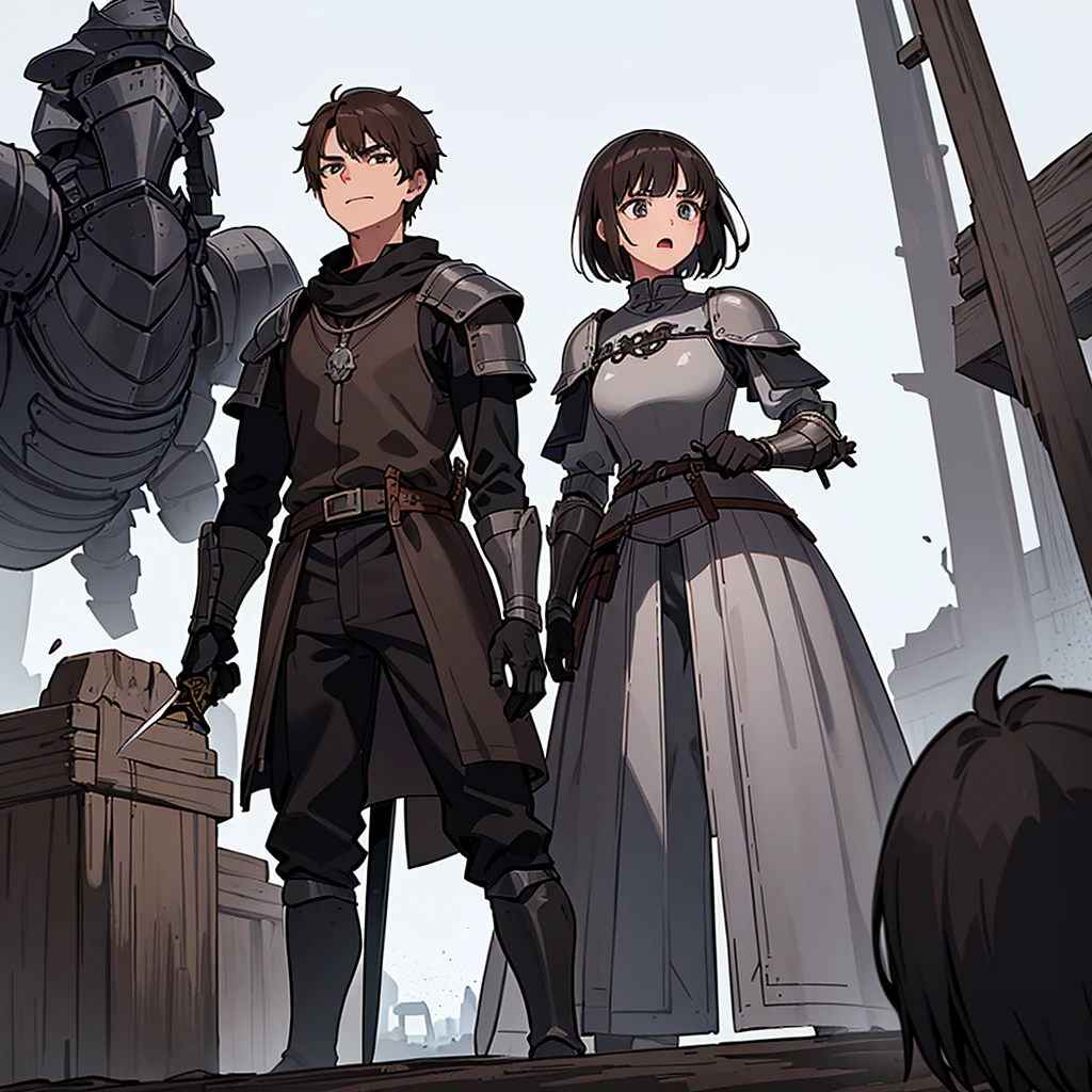 1girl, red eyes, large breasts, tomboy, dark skin, curly hair, armor, knight armor, outdoors, day, sunlight, medieval, <lora:Atmospheric:0.8>