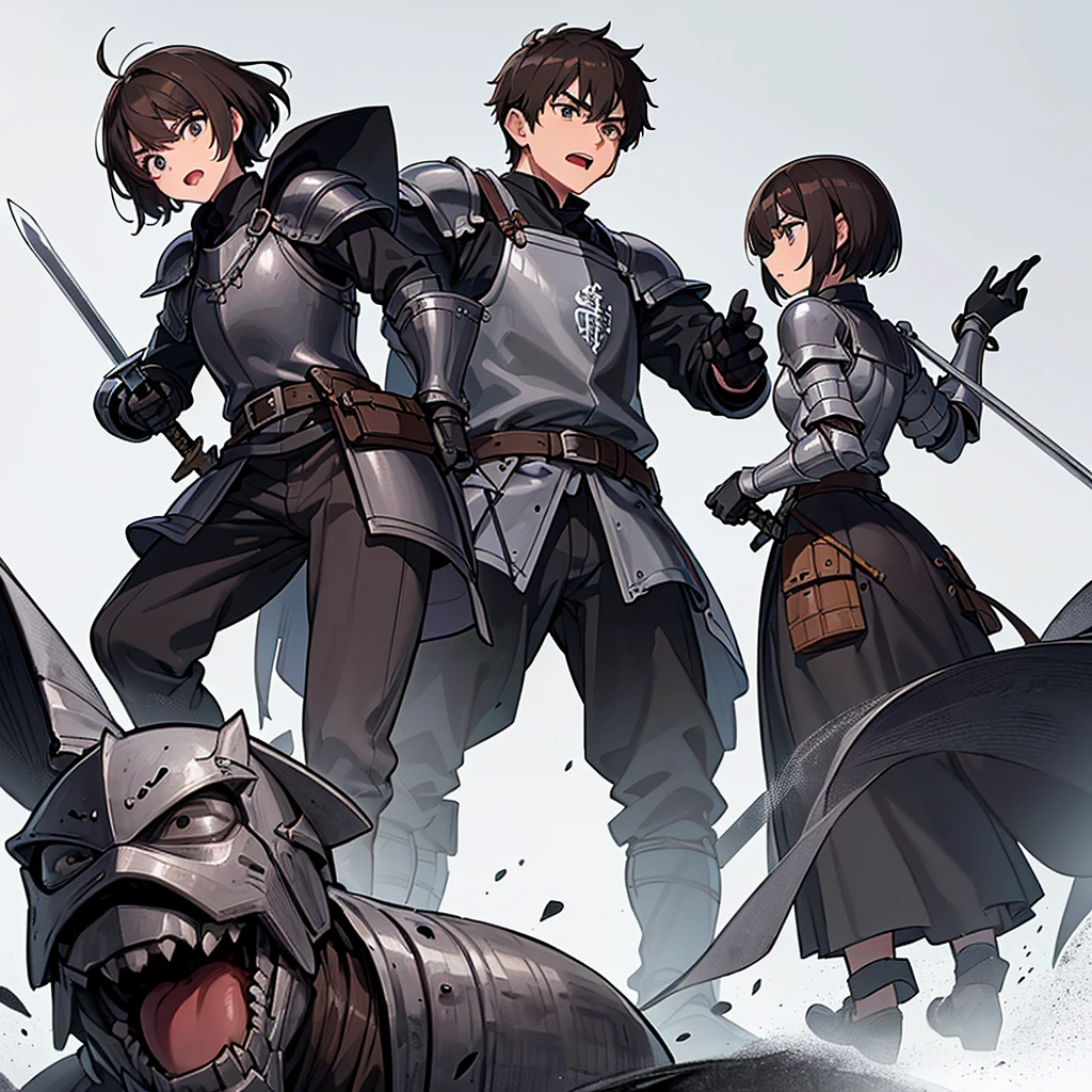 Best illustrations、Best Quality、(((Simple grey armor、Black trousers、Black gloves、Short Hair、Brown Hair、20 year old man)))、(((Grab the sword、Get Ready)))、(Old ruins、desert。Grass)、Fall to the floor、(Black, muddy swamp)、(仮面の中世の騎士が10 people)、(get annoyed、anxiety、impatience、Open your mouth、shout)、(lots of medieval knights、10 people)、battlefield、(From below)、(White background)