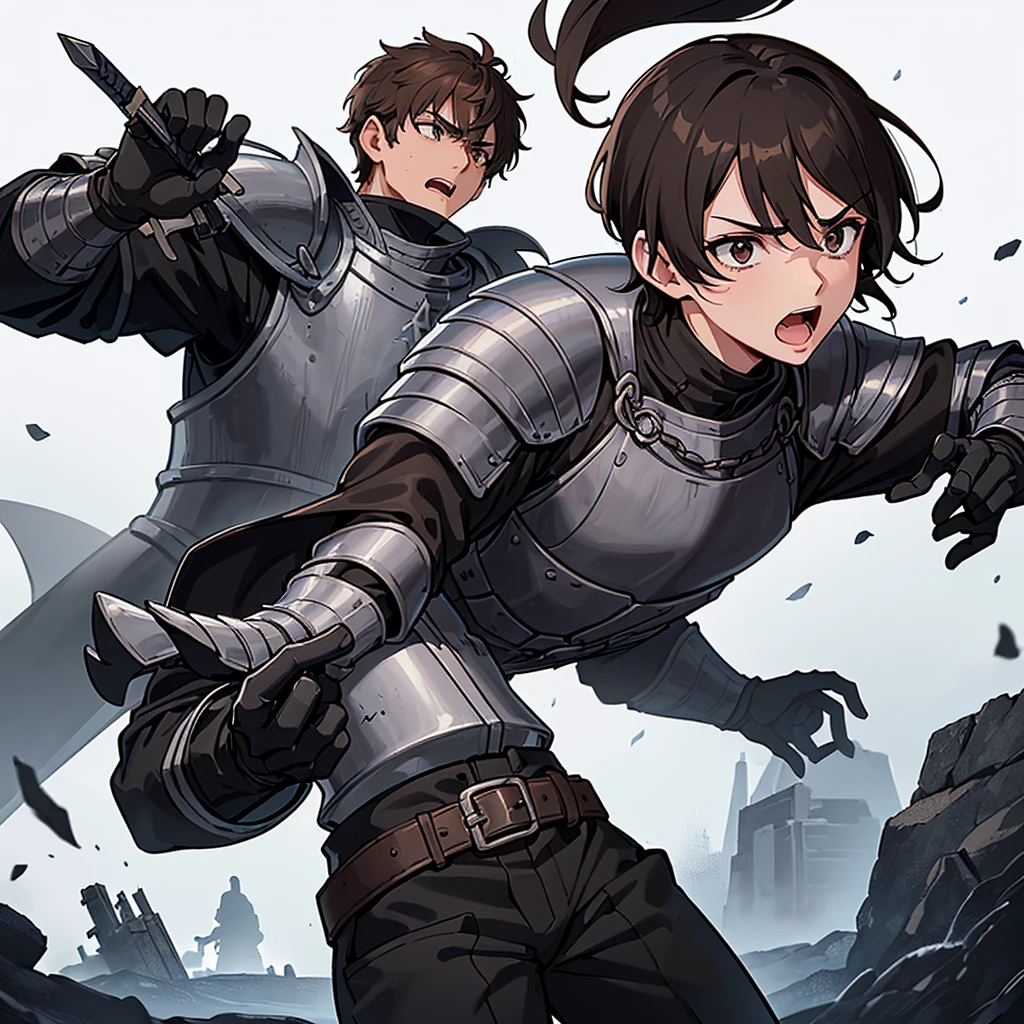 Best illustrations、Best Quality、(((Simple grey armor、Black trousers、Black gloves、Short Hair、Brown Hair、20 year old man)))、(((Grab the sword、Get Ready)))、(Old ruins、desert。Grass)、Fall to the floor、(Black, muddy swamp)、(仮面の中世の騎士が10 people)、(get annoyed、anxiety、impatience、Open your mouth、shout)、(lots of medieval knights、10 people)、battlefield、(From below)、(White background)