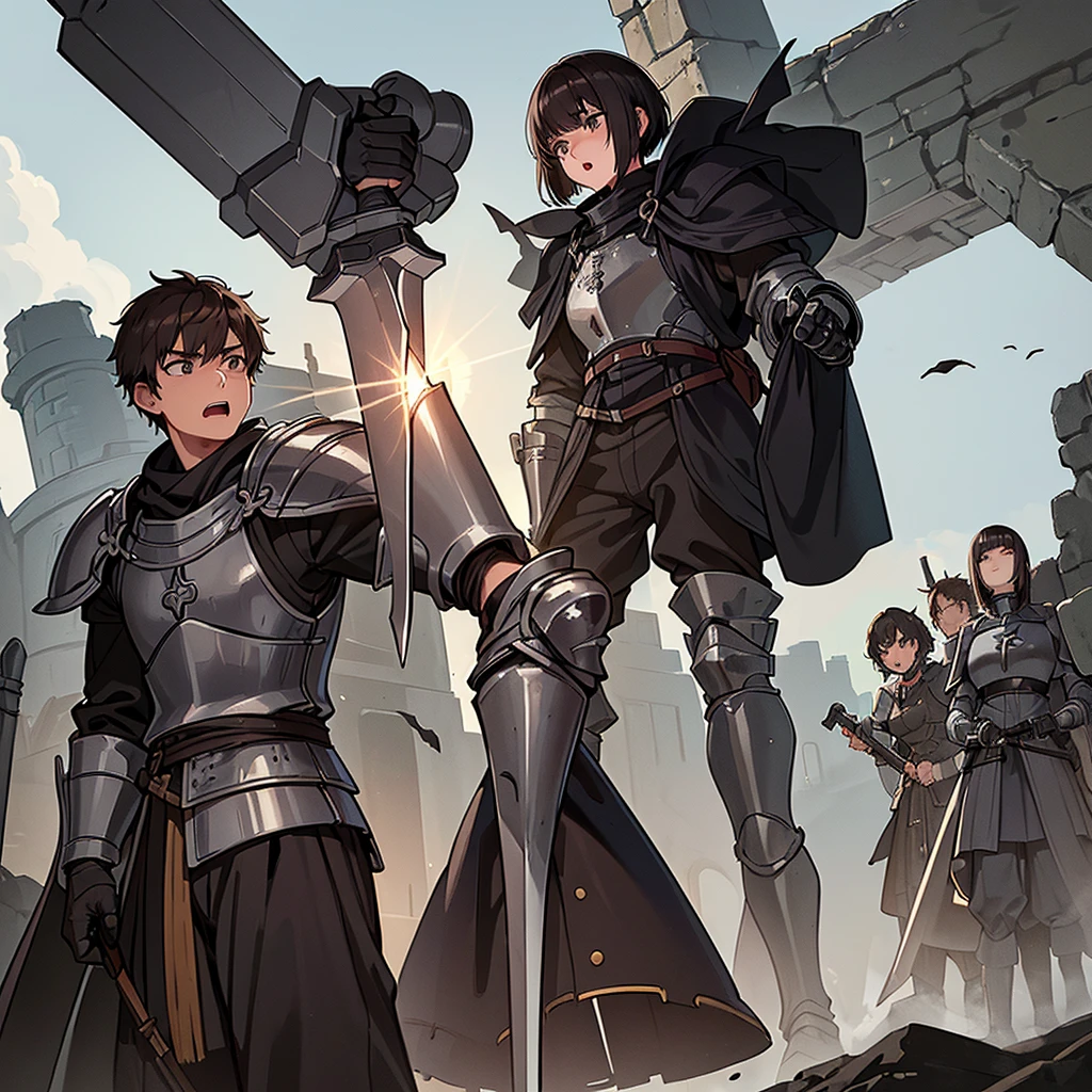 Best illustrations、Best Quality、(((Simple grey armor、Black trousers、Black gloves、Short Hair、Brown Hair、20 year old man)))、(((Grab the sword、Get Ready)))、(Old ruins、desert。Grass)、Fall to the floor、(Black, muddy swamp)、(仮面の中世の騎士が10 people)、(get annoyed、anxiety、impatience、Open your mouth、shout)、(lots of medieval knights、10 people)、battlefield、(From below)、(White background)
