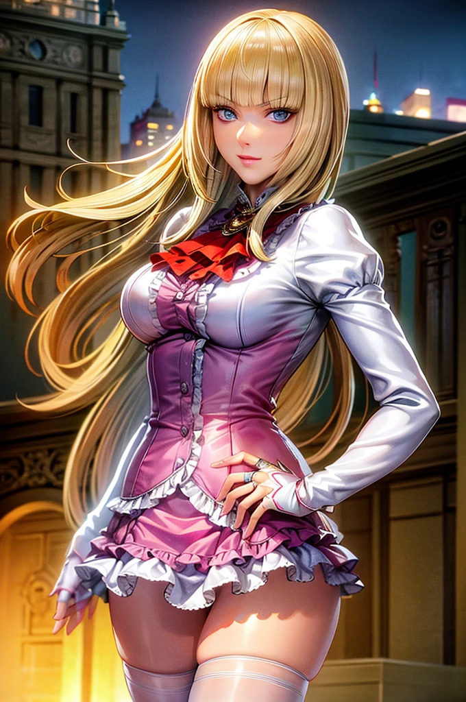 perfect eyes:1.2, detailed eyes:1.4, Emilie T8, blunt bangs, blue eyes, hands on hip, long hair, blonde hair, pink thighhighs, pink frilled dress, frilled ascot, fingerless gloves, smile, red eyeshadow:1.2, makeup:1.2, cowboy shot, 1girl, solo, (masterpiece:1.6, best quality), 8k, insane details, intricate details, hyperdetailed, hyper quality, high detail, ultra detailed, professional, HDR, ray tracing reflection, cinematic lighting,
