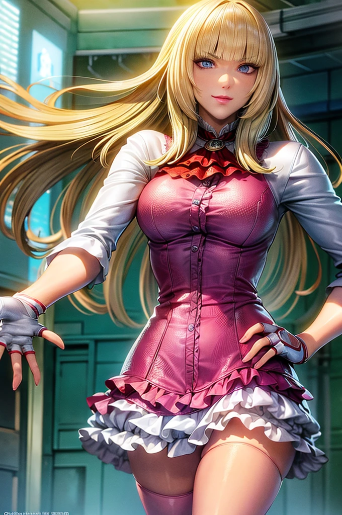 perfect eyes:1.2, detailed eyes:1.4, Emilie T8, blunt bangs, blue eyes, happy, hands on hip, long hair, blonde hair, pink thighhighs, pink frilled dress, frilled ascot, fingerless gloves, smile, red eyeshadow:1.2, makeup:1.2, cowboy shot, 1girl, solo, (masterpiece:1.6, best quality), 8k, insane details, intricate details, hyperdetailed, hyper quality, high detail, ultra detailed, professional, HDR, ray tracing reflection, cinematic lighting,
