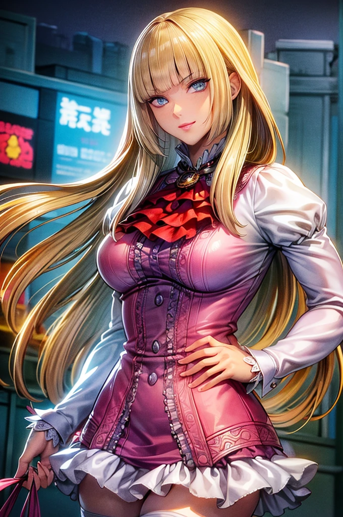 perfect eyes:1.2, detailed eyes:1.4, Emilie T8, blunt bangs, blue eyes, hands on hip, long hair, blonde hair, pink thighhighs, pink frilled dress, frilled ascot, fingerless gloves, smile, red eyeshadow:1.2, makeup:1.2, cowboy shot, 1girl, solo, (masterpiece:1.6, best quality), 8k, insane details, intricate details, hyperdetailed, hyper quality, high detail, ultra detailed, professional, HDR, ray tracing reflection, cinematic lighting,
