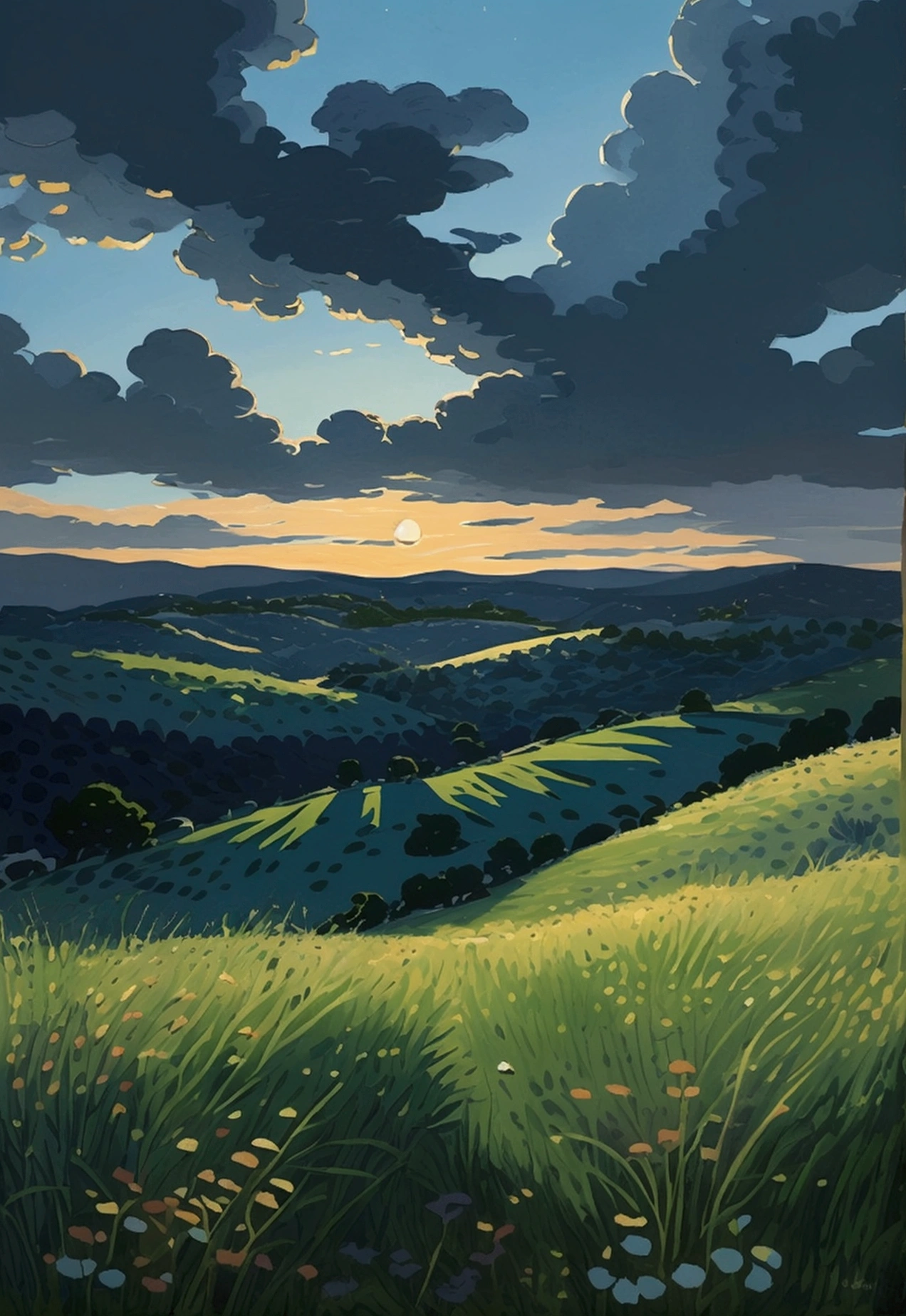 The hills are spread out in layers，See the big picture，Blue and black color scheme，Pointillism，Illustration Style，Moonlit hills，Peace and tranquility，Fresh and natural，Vast lawns in hilly areas，The hills stretch from near to far into the sky，Makoto Shinkai&#39;s Style，landscape，high quality，Grass on the hill