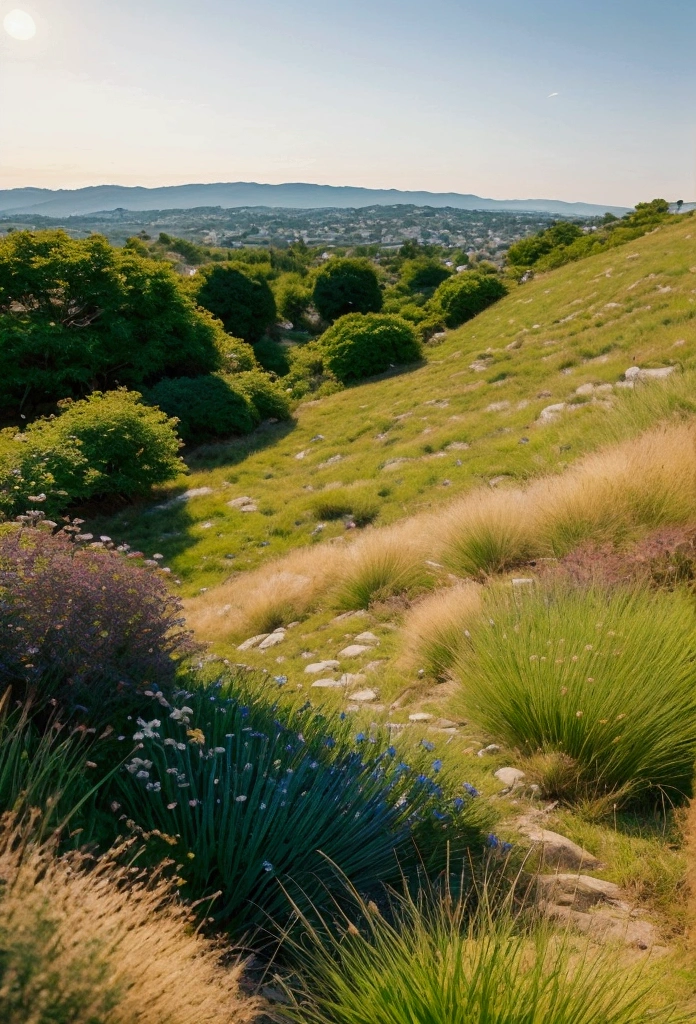 The hills are spread out in layers,See the big picture,Blue and black color scheme,Pointillism,Illustration Style,Moonlit hills,Peace and tranquility,Fresh and natural,Vast lawns in hilly areas,The hills stretch from near to far into the sky,Makoto Shinkai's Style,landscape,high quality,Grass on the hill