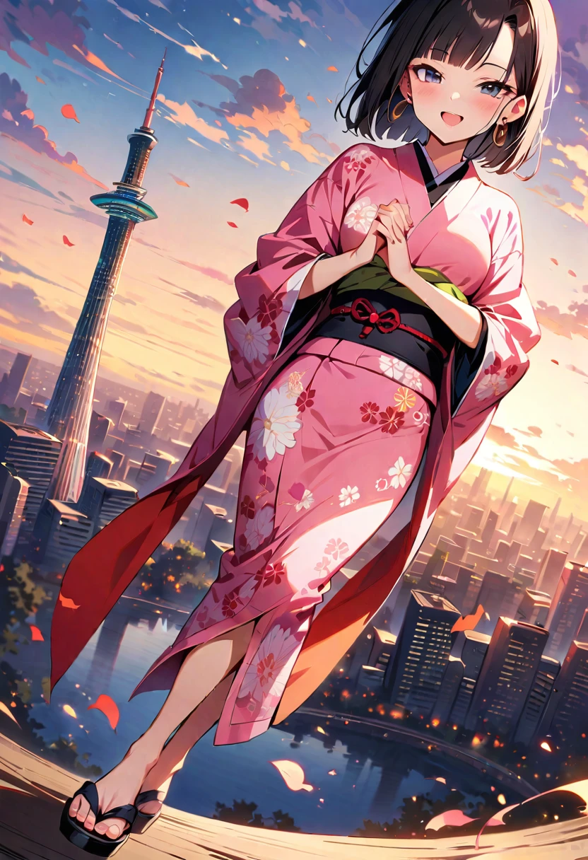 (masterpiece, best quality:1.2),1girl, (solo), Android 18 from Dragon Ball, ((floral print pink kimono)), medium breasts, blunt bangs, black short hair, (black eyes), earrings on earlobes, slim, slender feminine figure, skinny body, blush, magnificent view, blur background, 4K, open mouth, smile, full body, Japanese sandals, (own hands together), Tokyo Sky Tree,