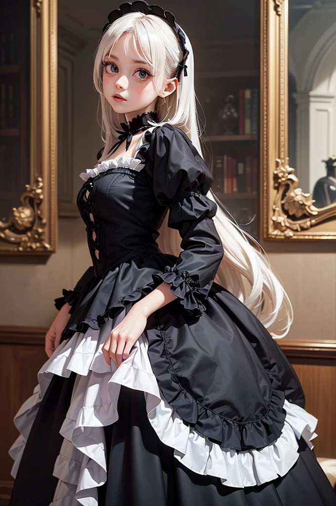 A masterpiece of gothic horror painting,((Beautiful girl standing:Gothic Lolita:12 years old:Temporary:beautiful girl:cute:adorable:perfect face:white people:eyelash:Big eyes)),gothic house,look back,black and white,The adorable girl&#39;s true identity is a murderer who will kill her entire family.,Famous events made into movies,scary but beautiful,Gothic Beauty,expressing beautiful madness,Shrouded in mystery,Placing dark clouds that foreshadow tragedy in a beautiful gothic house,can&#39;don&#39;t believe her&#39;The culprit is.,be familiar with,Use red as an accent color,race,embroidery,detailed pattern,rendering,Designer House,luxury house,nice,quiet,beautiful light and shadow,gothic room,golden ratio,anatomically correct,rococo