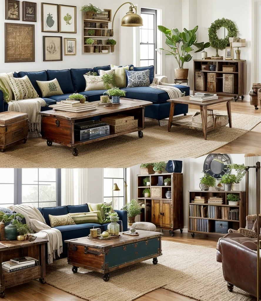 Generate a cozy vintage living room with upcycled decor elements. Incorporate a blend of vintage and upcycled furniture, such as a distressed leather sofa, a reclaimed wood coffee table, and mismatched antique chairs. Use an old trunk as a side table and decorate with vintage accessories like old books, a record player, and retro lamps. The color palette should include deep, rich hues like burgundy, forest green, and navy blue, with touches of gold and brass. Add a touch of greenery with indoor plants in upcycled pots. Ensure the entire image depicts a single, cohesive living room without being divided into multiple sections.