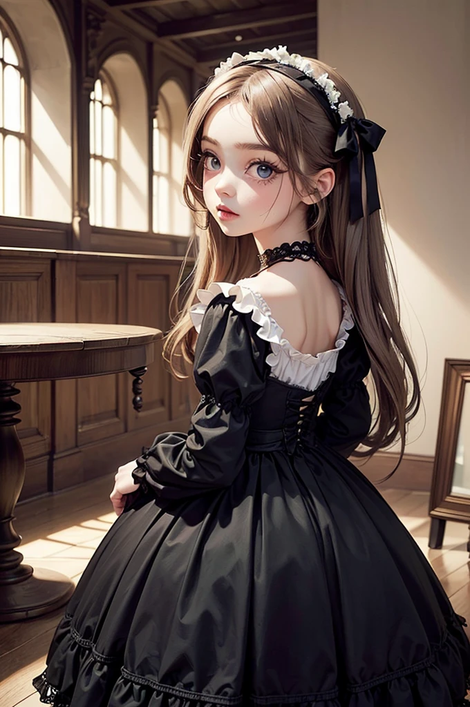 A masterpiece of gothic horror painting,((Beautiful girl standing:Gothic Lolita:12 years old:Temporary:beautiful girl:cute:adorable:perfect face:white people:eyelash:Big eyes)),gothic house,look back,black and white,The adorable girl&#39;s true identity is a murderer who will kill her entire family.,Famous events made into movies,scary but beautiful,Gothic Beauty,expressing beautiful madness,Shrouded in mystery,Placing dark clouds that foreshadow tragedy in a beautiful gothic house,can&#39;don&#39;t believe her&#39;The culprit is.,be familiar with,Use red as an accent color,race,embroidery,detailed pattern,rendering,Designer House,luxury house,nice,quiet,beautiful light and shadow,gothic room,golden ratio,anatomically correct,rococo
