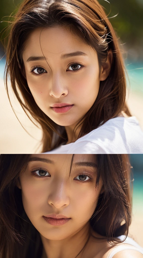 dress、(Photorealistic:1.4)、(hyper Realistic:1.4)、(Realistic:1.3)、(Smooth lighting:1.05)、(映画の照明Improvement of quality:0.9)、32k、One Girl、20-year-old girl、Realistic lighting、Backlight、Facial Light、Ray-tracing、(Bright light:1.2)、(Improvement of quality:1.4)、(Highest quality real texture skins:1.4)、Finely grained、Detailed painted face、Quality Eyes、(tired, Sleepy and satisfied:0.0)、 Face close-up、T-Shirts、(Enhance the mood of your body line:1.1)、(Enhances the beauty of skin texture:1.1)、((Aya Ueto))、Beach、Swimwear、