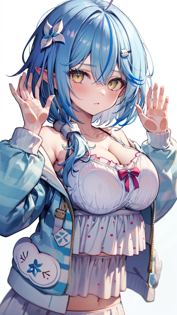 (Ultra-high resolution,masterpiece, Attention to detail, Highest quality), 8K,(eelamy, short hair, streaked hair, ahoge, hair ornament, cleavage, polka dot, White camisole, white skirt, off shoulder, blue jacket, striped jacket, open clothes, long sleeves, sleeves past wrists, midriff),(Blessed,Captivating body、Ultra-detailed skin、Super beautiful eyes、Detailed Background),One girl, (breasts_on_Glass,breast press, against Glass, hands on Glass:1.2),window fog, embarrassed, (white background:1.7), (upper body ,from front:1.3),Perfect five-finger, huge breasts