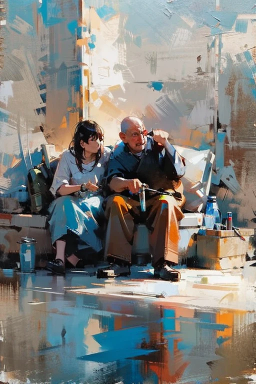 cinematic photo a Doos dronk,  homelees.  cityscape background, 16k , oil painting, 
