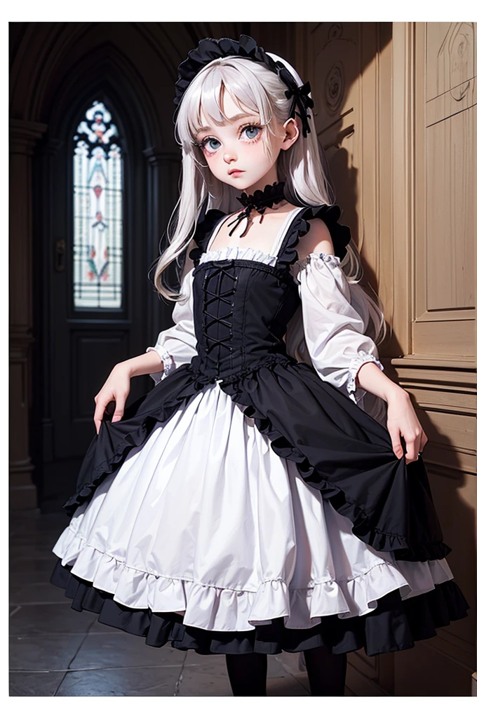 A masterpiece of gothic horror painting,((Beautiful girl standing:Gothic Lolita:12 years old:Temporary:beautiful girl:cute:adorable:perfect face:white people:eyelash:Big eyes)),gothic house,look back,black and white,The adorable girl&#39;s true identity is a murderer who will kill her entire family.,Famous events made into movies,scary but beautiful,Gothic Beauty,expressing beautiful madness,Shrouded in mystery,Placing dark clouds that foreshadow tragedy in a beautiful gothic house,can&#39;don&#39;t believe her&#39;The culprit is.,be familiar with,Use red as an accent color,race,embroidery,detailed pattern,rendering,Designer House,luxury house,nice,quiet,beautiful light and shadow,gothic room,golden ratio,anatomically correct,rococo