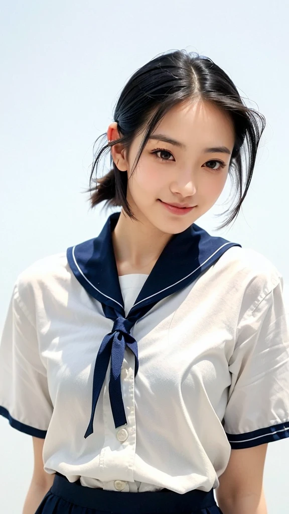 (1 woman:1.99)、(Wide forehead、Very short hair、Very small amount of hair、Forehead、Fuji frame:1.1)、Sunburn、17 years old、Naughty、Happy expression、満面のsmile、Weakness、love、I feel very comfortable alone、(sailor suit, dark blue collar, white shirts, short sleeve, school, dark blue skirt, black skirt, tights, school tights, loafers),((Very sleepy、Improves skin texture,smile、Narrow eyes、Very weak eyesight、Very weak eyeliner、Eyes slightly closed、I know the shape of your head、Oval Face))、(slicked back hair:1.25)、Photographic, Raw photo, Mastepiece, Highly detailed photos, Digital SLR, Photo-realistic 1.4, Super hello nothing, Best Quality,(standing、tilting your head、whole body:1.7)