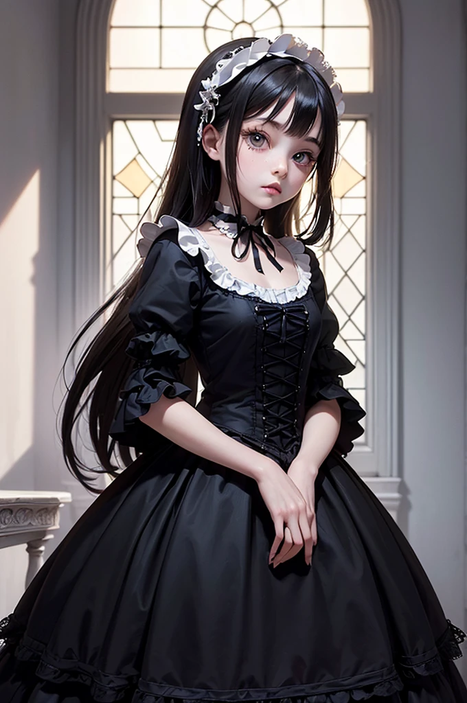 A masterpiece of gothic horror painting,((Beautiful girl standing:Gothic Lolita:12 years old:Temporary:beautiful girl:cute:adorable:perfect face:white people:eyelash:Big eyes)),gothic house,look back,black and white,The adorable girl&#39;s true identity is a murderer who will kill her entire family.,Famous events made into movies,scary but beautiful,Gothic Beauty,expressing beautiful madness,Shrouded in mystery,Placing dark clouds that foreshadow tragedy in a beautiful gothic house,can&#39;don&#39;t believe her&#39;The culprit is.,be familiar with,Use red as an accent color,race,embroidery,detailed pattern,rendering,Designer House,luxury house,nice,quiet,beautiful light and shadow,gothic room,golden ratio,anatomically correct,rococo