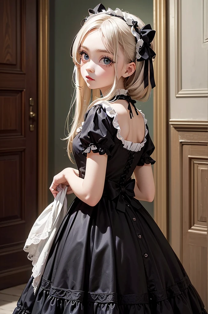 A masterpiece of gothic horror painting,((Beautiful girl standing:Gothic Lolita:12 years old:Temporary:beautiful girl:cute:adorable:perfect face:white people:eyelash:Big eyes)),gothic house,look back,black and white,The adorable girl&#39;s true identity is a murderer who will kill her entire family.,Famous events made into movies,scary but beautiful,Gothic Beauty,expressing beautiful madness,Shrouded in mystery,Placing dark clouds that foreshadow tragedy in a beautiful gothic house,can&#39;don&#39;t believe her&#39;The culprit is.,be familiar with,Use red as an accent color,race,embroidery,detailed pattern,rendering,Designer House,luxury house,nice,quiet,beautiful light and shadow,gothic room,golden ratio,anatomically correct,rococo
