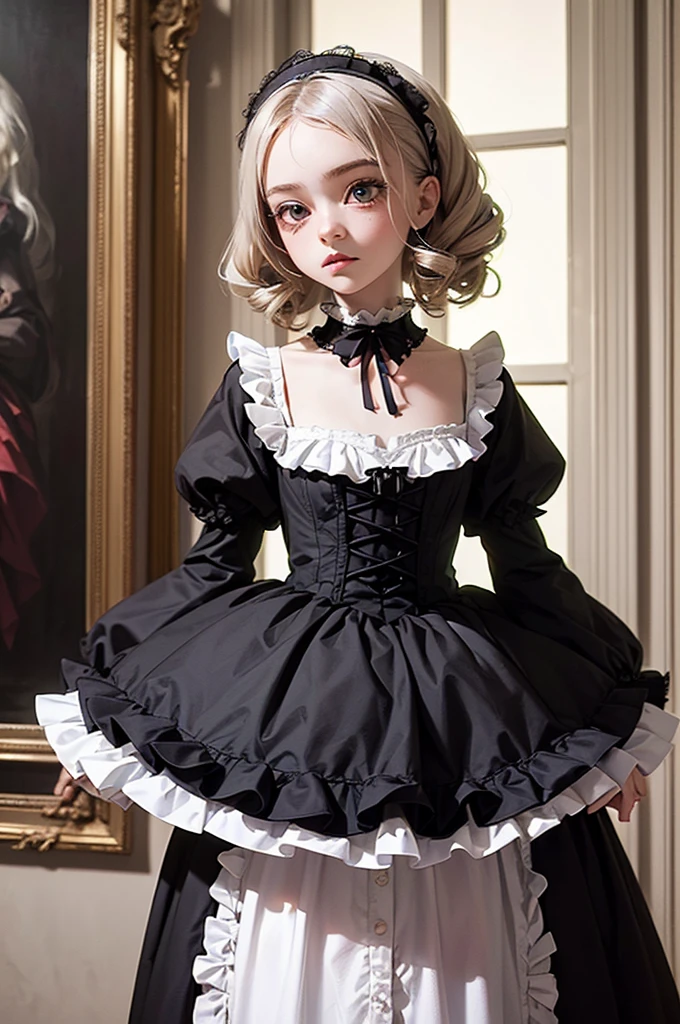 A masterpiece of gothic horror painting,((Beautiful girl standing:Gothic Lolita:12 years old:Temporary:beautiful girl:cute:adorable:perfect face:white people:eyelash:Big eyes)),gothic house,look back,black and white,The adorable girl&#39;s true identity is a murderer who will kill her entire family.,Famous events made into movies,scary but beautiful,Gothic Beauty,expressing beautiful madness,Shrouded in mystery,Placing dark clouds that foreshadow tragedy in a beautiful gothic house,can&#39;don&#39;t believe her&#39;The culprit is.,be familiar with,Use red as an accent color,race,embroidery,detailed pattern,rendering,Designer House,luxury house,nice,quiet,beautiful light and shadow,gothic room,golden ratio,anatomically correct,rococo
