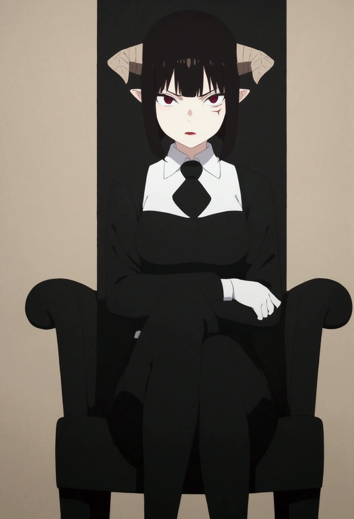 (work of art, ultra detali,high resolution,8K), 1 girl ,standing alone,hinterland,Look to viewer, TochaTortura, trunk,sheen,brunette skin,sitting on a chair,legs crossed,,black socks,horns on head,serious look,staring overhead,brava,Angry,blushed