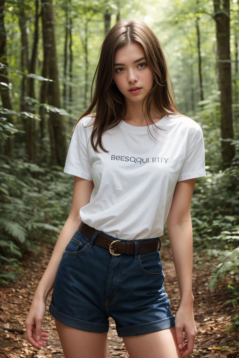 (bestquality,realistic:1.2),(brunette hair:1.1),(French:1.1),(sexy:1.1),(slim figure:1.1),(18 years old:1.1),(handcuffed:1.1),(short sleeve shirt:1.1),(rolled-up sleeves:1.1),(hands up:1.1),(visible legs:1.1),(open mouth:1.1),illustration,forest,detailed eyes,detailed lips,high definition,professional lighting,vivid color