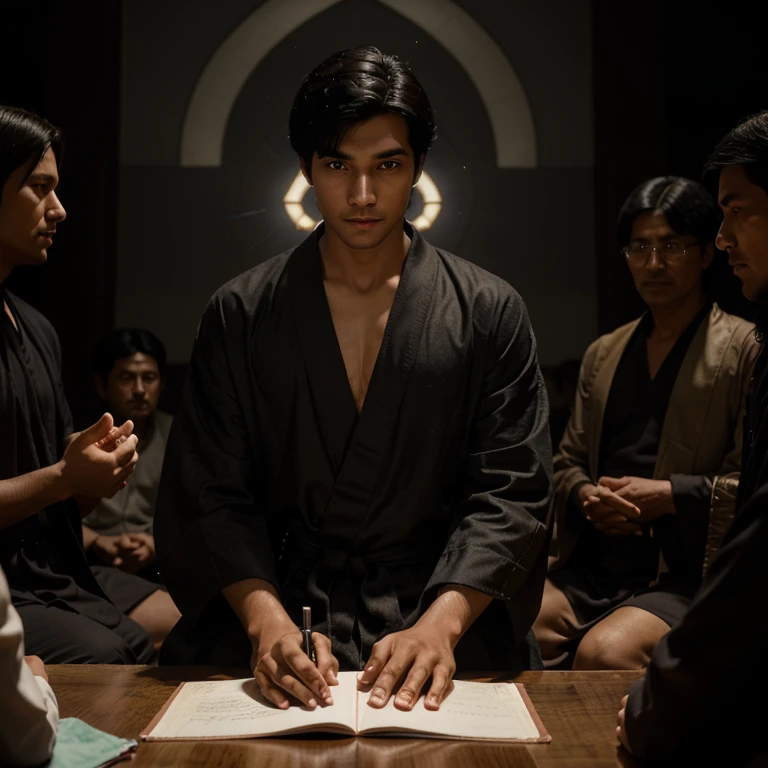 Taqi is a handsome and kind young man. He wears a robe with black hair(anime, cartoon, light effect, cute, squirky, lighting is smooth, in 3D animation). Taqi sits with several village elders, who listen attentively as he provides wise insights and answers their questions.