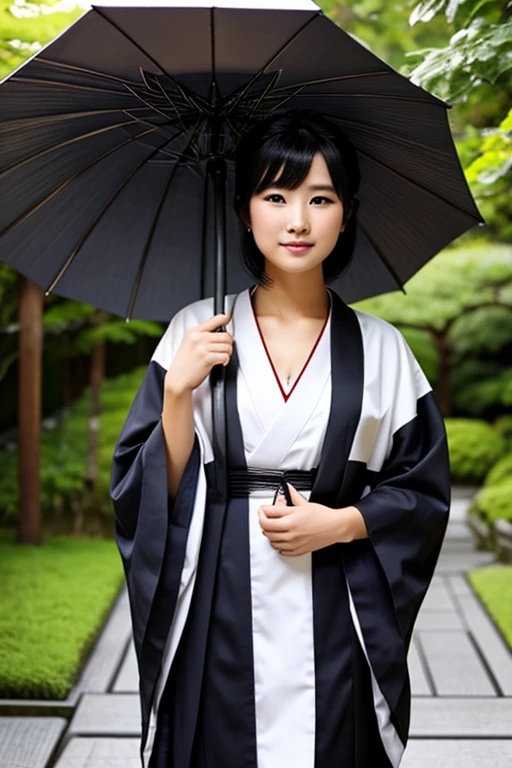 A beautiful woman、Japanese、Black and white kimono、In the Japan garden、Big 、Black Hair、Shortcuts、Her chest is exposed、Holding an umbrella