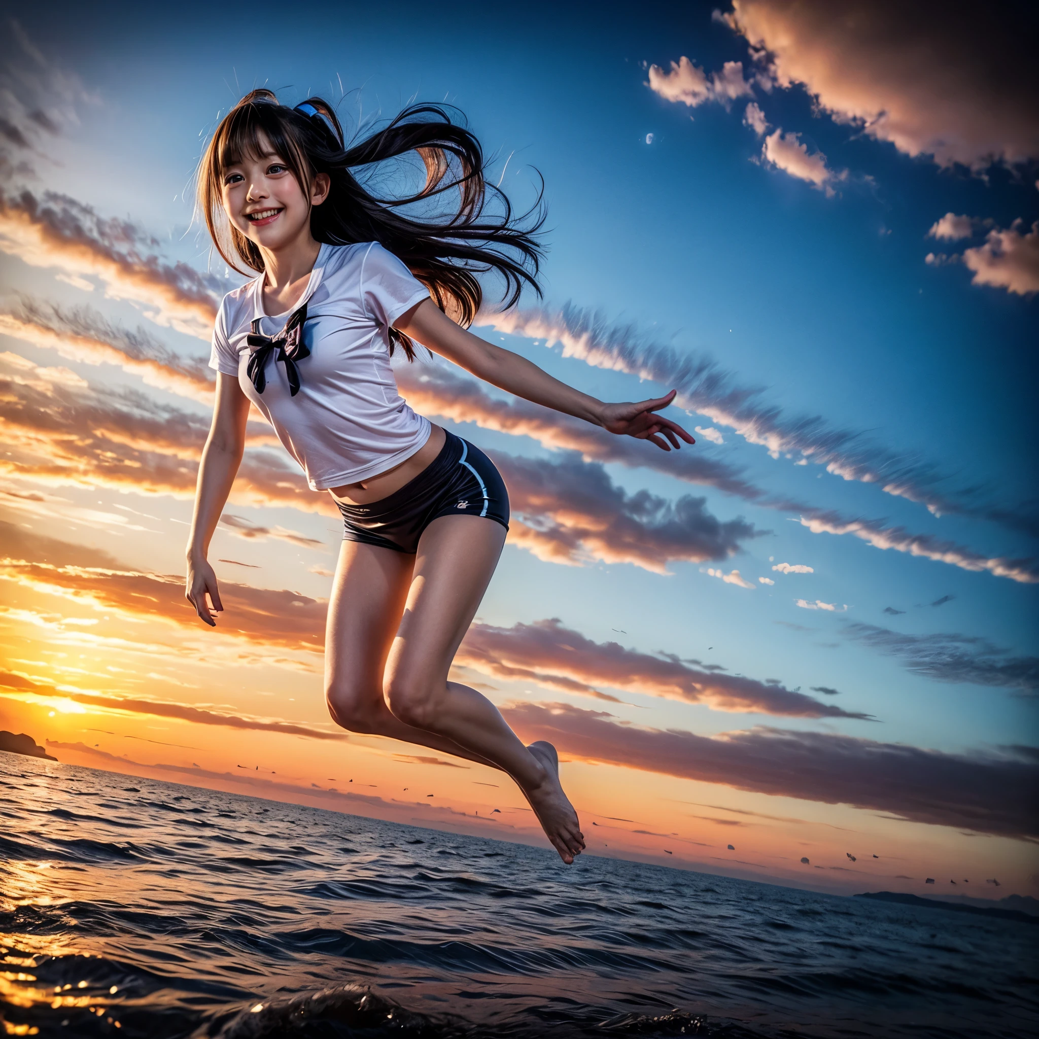 ((ExtremelyDetailed ( KAWAII Girl Floating:1.37) in WHITE at Dusk Enoshima Beach)), (masterpiece 8K TopQuality) (ProfessionalPhoto:1.37), {(Standing Full Body:1.2)|(from below:1.2)}, Different types of hair colors, {(White skinny(School Swimwear))|(SchoolUniform) with Tiny AthleticShorts}, {(Corrected Childish hand)|Hidden hand|Armpit|Different types of breasts|(Clearly Visible the shape of Butt)}, Joyful Expressions LifeLike Rendering, PerfectLighting, Dazzling Horizon {Colorful Clouds | Starry IridescentParticles} VolumetricLighting (Acutance:0.8)