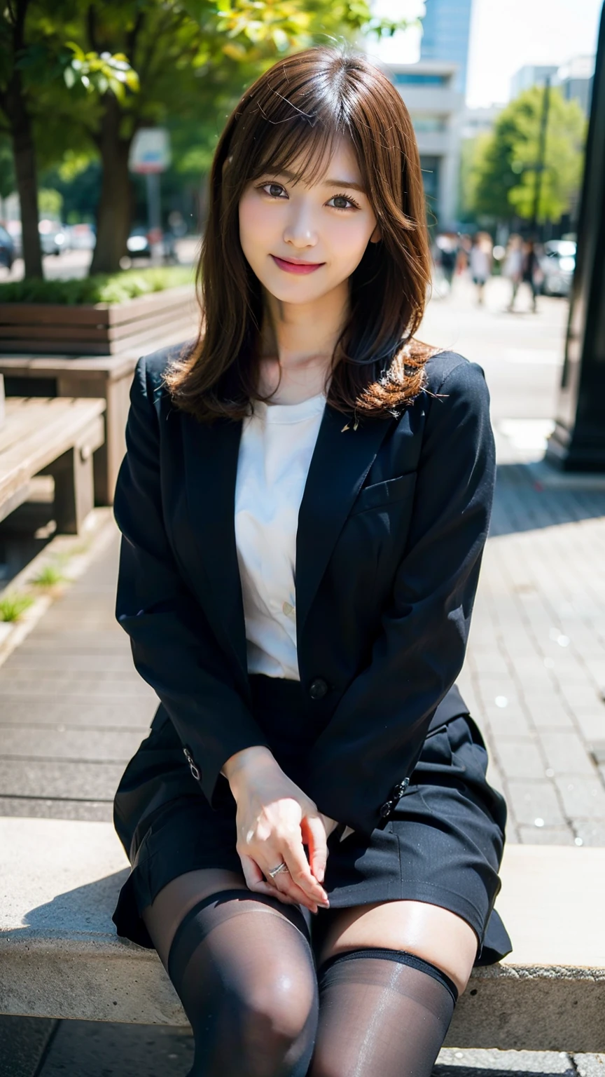 ((Best Quality, 8k, Masterpiece: 1.3)), Photorealistic, Sharp Focus, High Quality, High Definition, Portrait, Solo, Japan, Middle Aged Woman, Beauty, Clothes with Cleavage View, 23years old, Plump, Wavy Hair, ((wearing, (Formal jacket dark blue), White shirt, Short tie, Short pleated skirt is plaid, Socks are dark navy, Theme color is dark navy)), Wrinkles at the corners of the eyes, (Show panties:1.5)), Open legs, Narrow backyard, Lots of boxes, Lots of files, Dark background